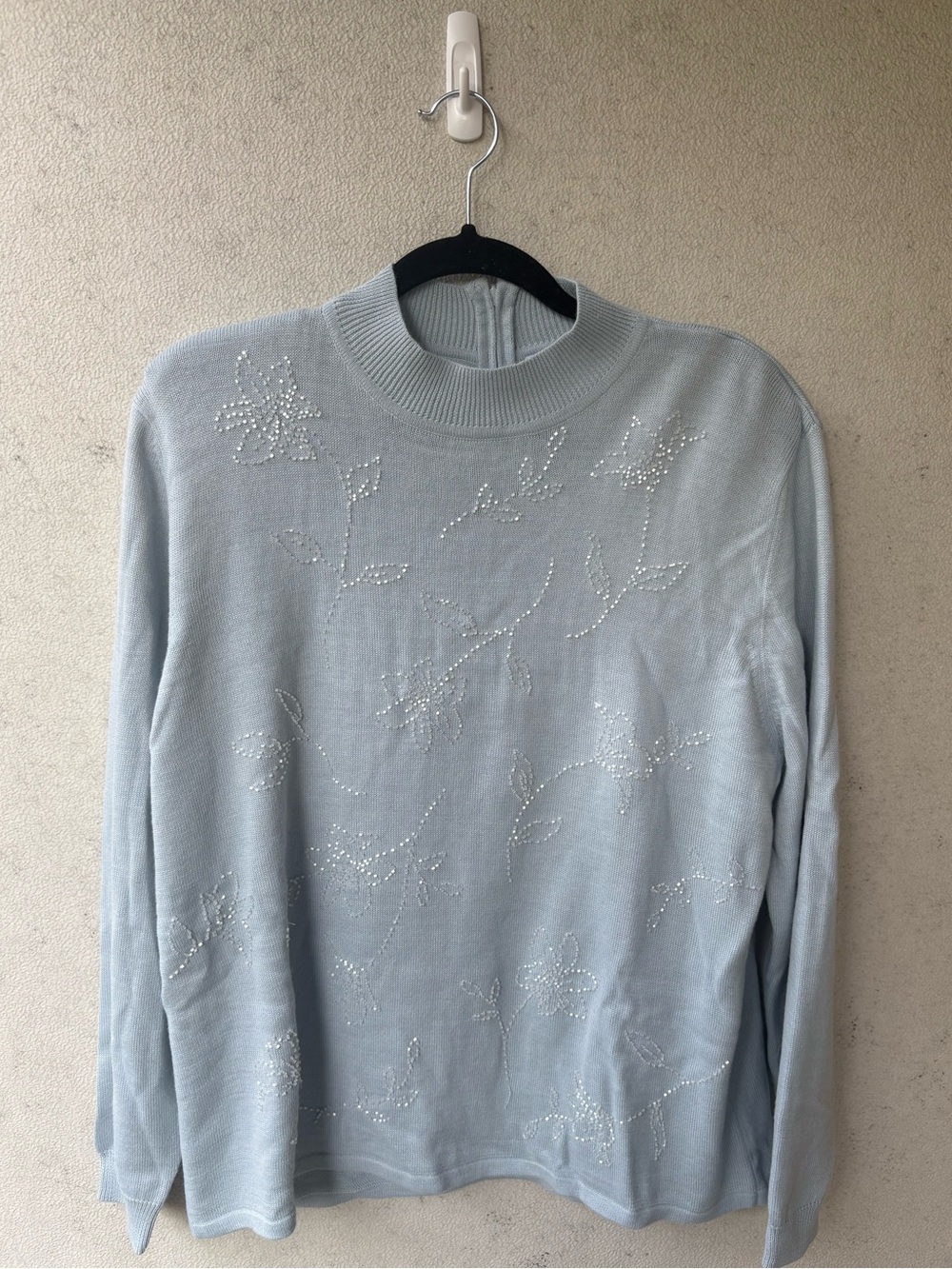 Alfred Dunner Powder Blue Beaded Floral Mock Neck Sweater L